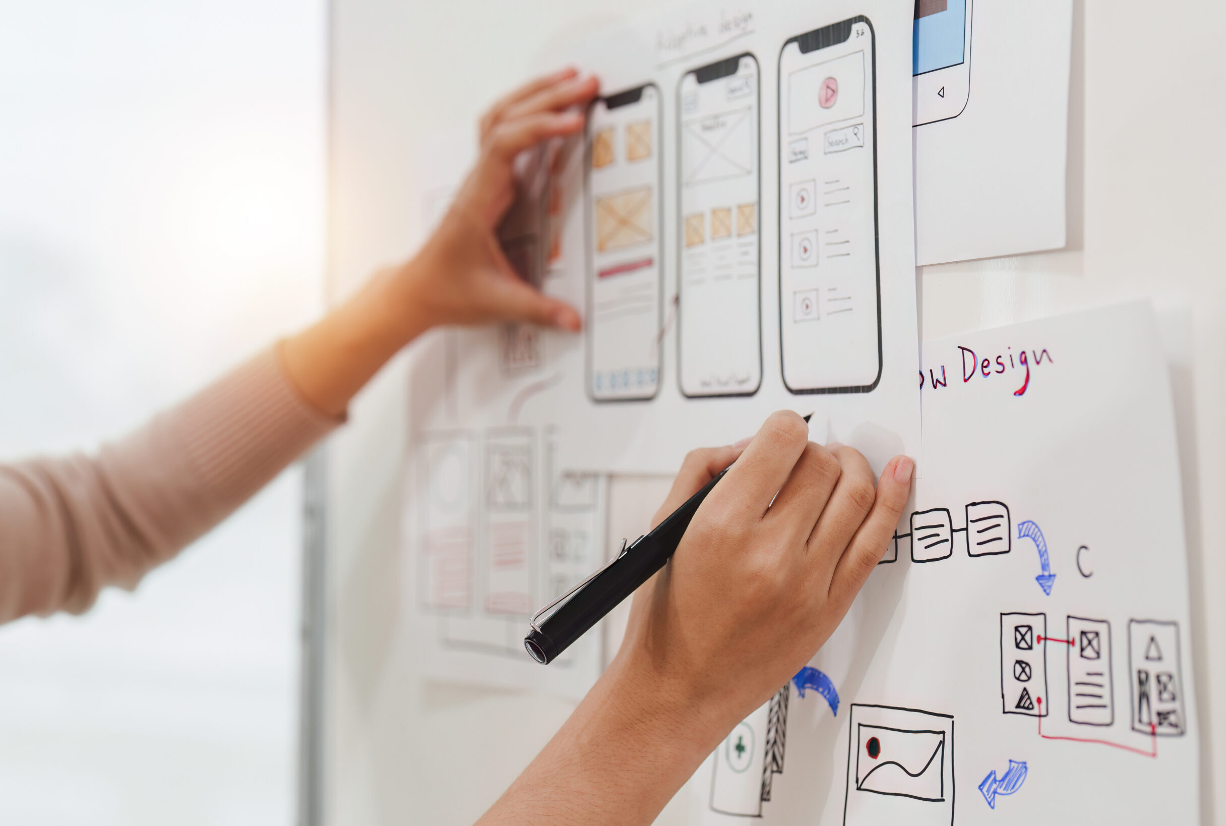 Close up ux developer and ui designer brainstorming interface wireframe design.Creative digital development agency.